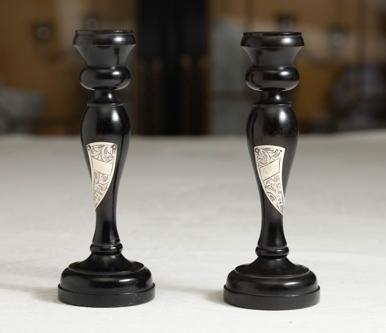 Victorian Ebonized Wood Sterling Silver Overlay Candlesticks
