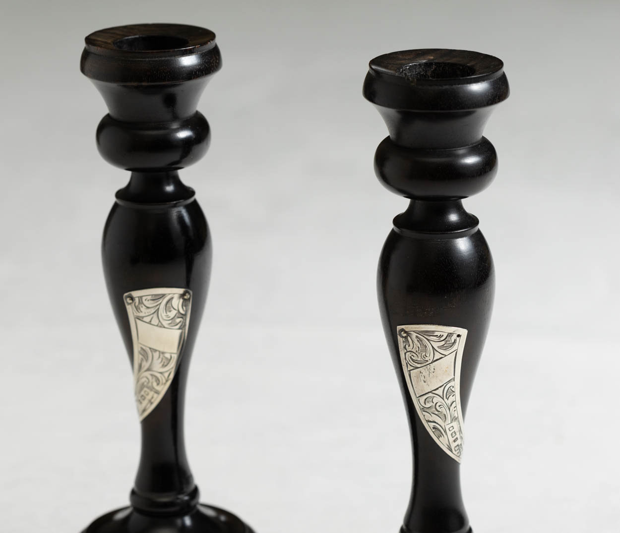 Victorian Ebonized Wood Sterling Silver Overlay Candlesticks