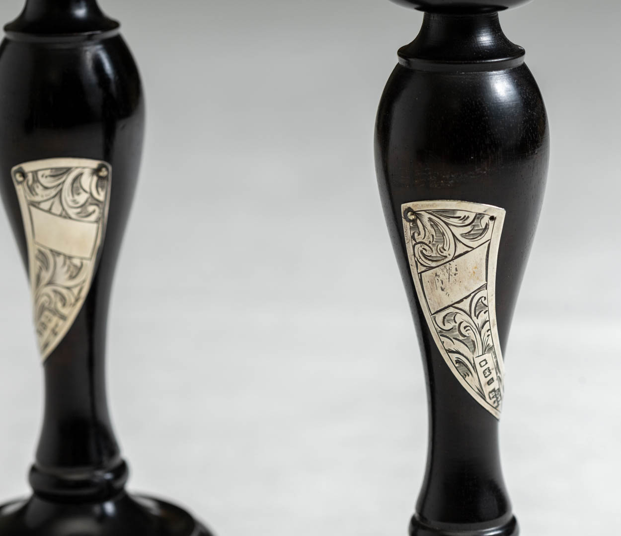 Victorian Ebonized Wood Sterling Silver Overlay Candlesticks