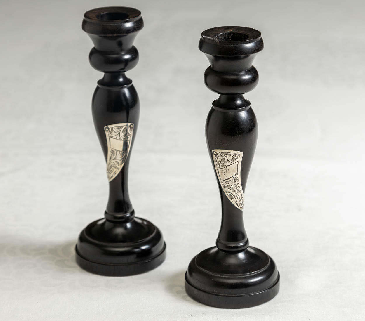 Victorian Ebonized Wood Sterling Silver Overlay Candlesticks