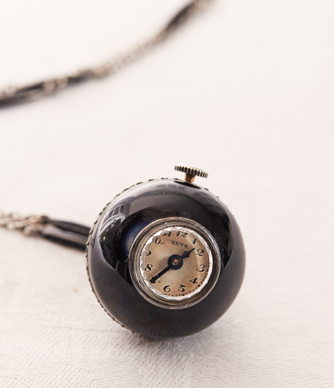 Edwardian Enameled Diamond & Silver Pendant Watch Orb and Chain