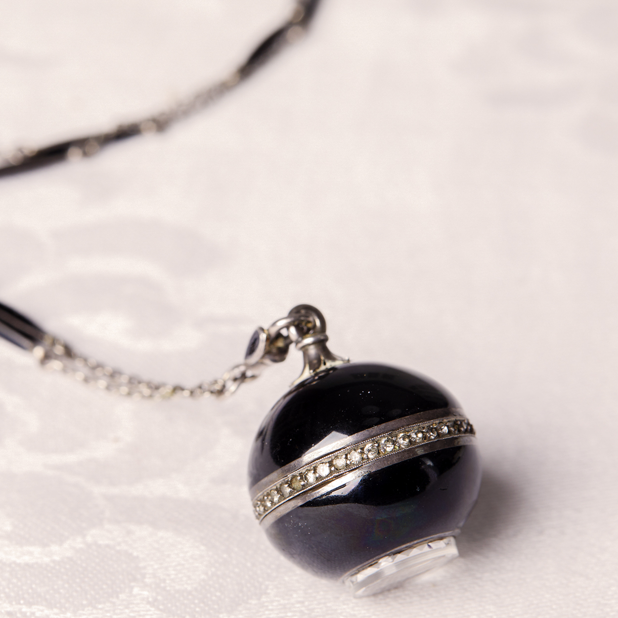 Edwardian Enameled Diamond & Silver Pendant Watch Orb and Chain