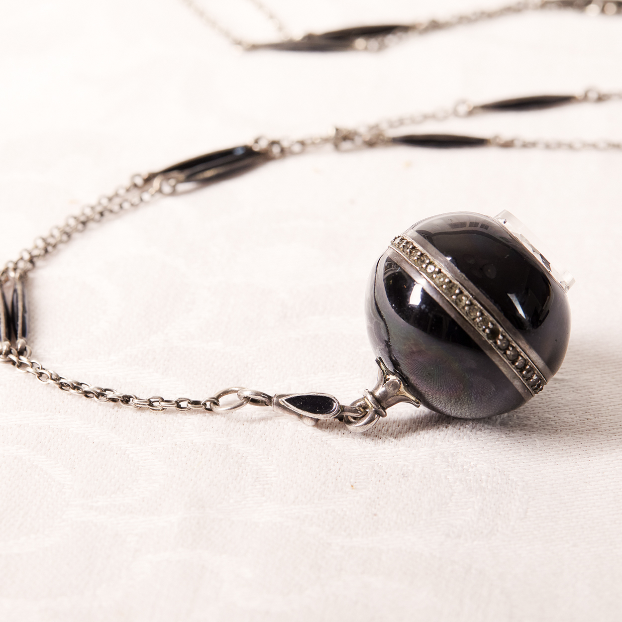 Edwardian Enameled Diamond & Silver Pendant Watch Orb and Chain