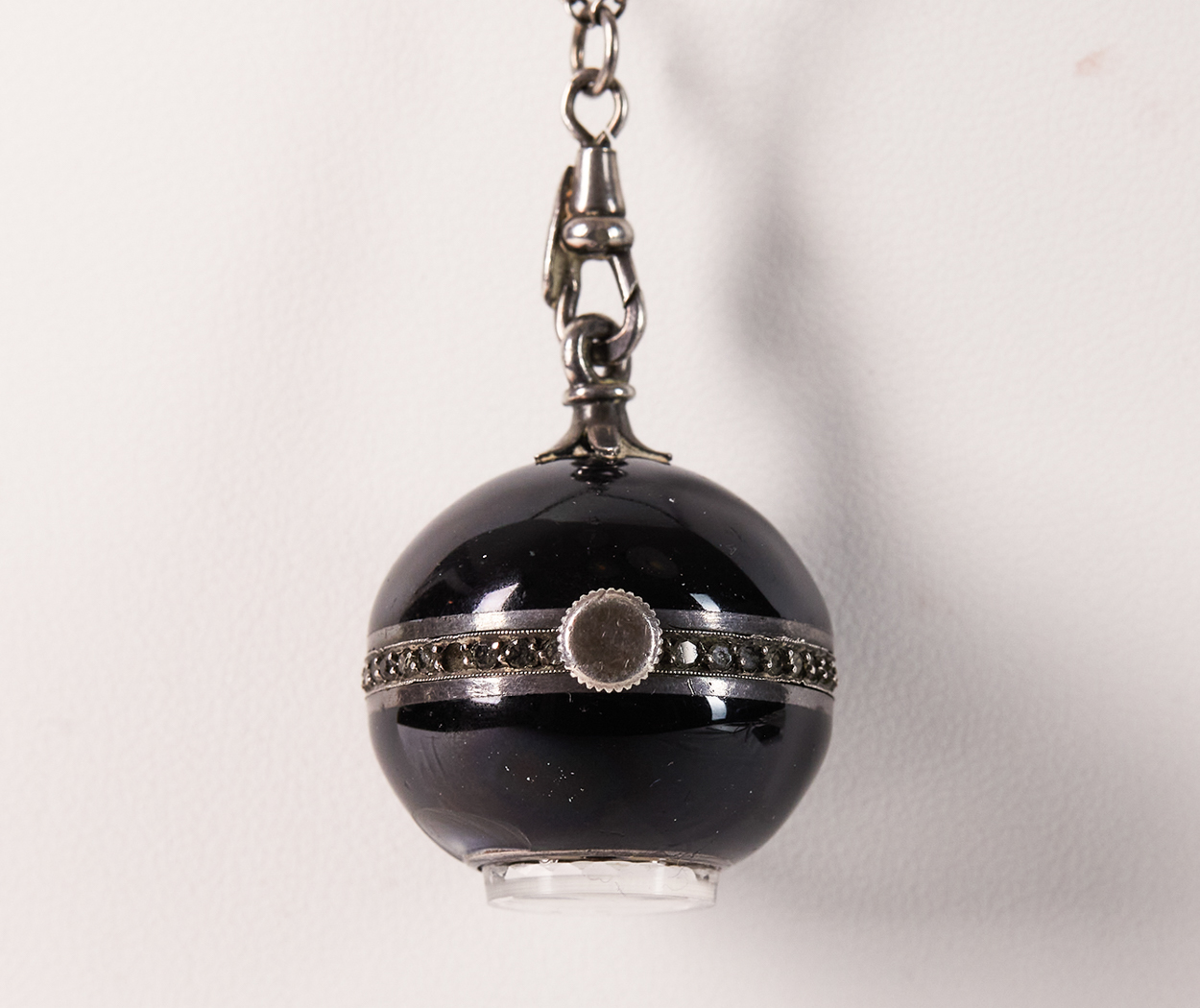 Edwardian Enameled Diamond & Silver Pendant Watch Orb and Chain